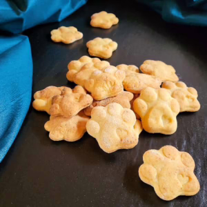 Hundekekse mit Hüttenkäse und Haferflocken auf einer dunkelen Fläche