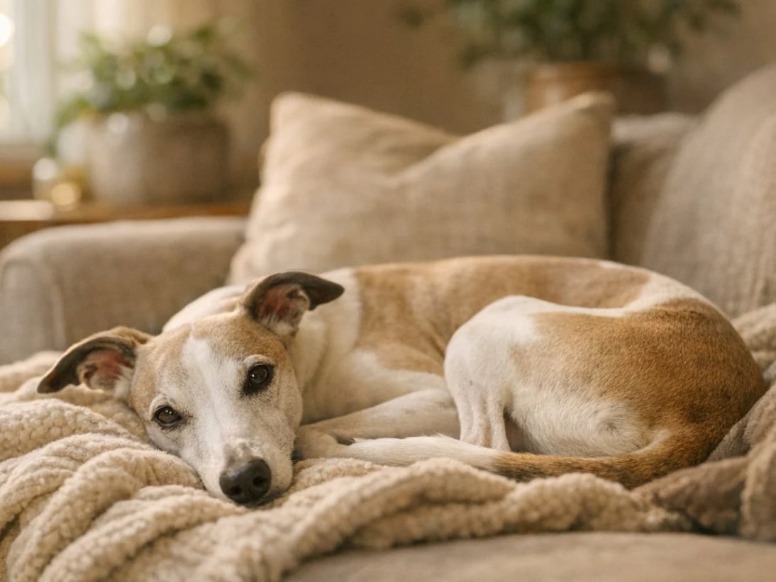 Schonkost für gestresste Hunde: Natürliche Hilfe durch Hühnchen, Kürbis und Banane. Ein Hund liegt eingerollt auf einem Sofa